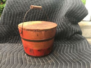 ANTIQUE ADVERTISING WOOD BUCKET W/TOP,  HANDLE OLD RED PAINT 4