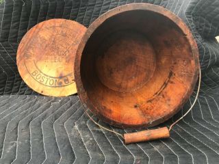 ANTIQUE ADVERTISING WOOD BUCKET W/TOP,  HANDLE OLD RED PAINT 8