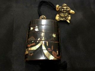 Antique Edo Era Japanese Wood Lacquer Makie Pillbox Inro Ojime Netsuke Hermit