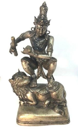 Vintage Buddhist Temple Silver Over Bronze Figure Sitting On A Foo Dog