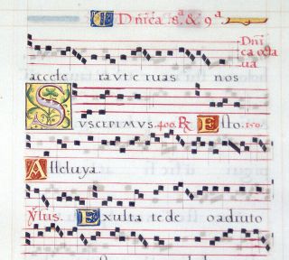 Scarce Illuminated Manuscript Processional Leaf 1550 Music,  Initials With Gold