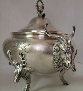 1885 Victorian Meriden Soup Tureen Deer Ram Wild Game 7