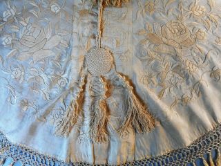 Antique Victorian Hand - embroidered ivory silk shawl wrap drape fringe cording 10