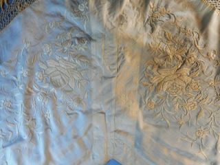 Antique Victorian Hand - embroidered ivory silk shawl wrap drape fringe cording 11