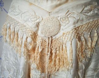 Antique Victorian Hand - embroidered ivory silk shawl wrap drape fringe cording 2