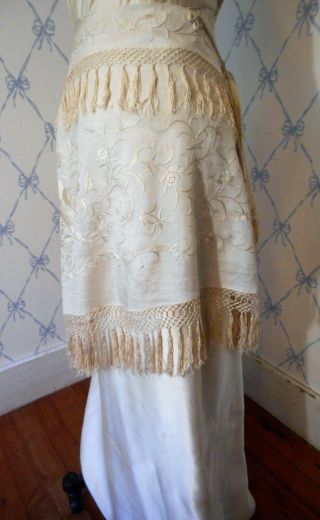 Antique Victorian Hand - embroidered ivory silk shawl wrap drape fringe cording 3