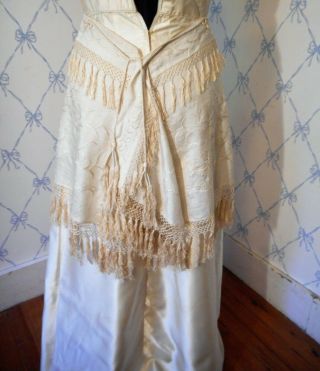 Antique Victorian Hand - embroidered ivory silk shawl wrap drape fringe cording 4
