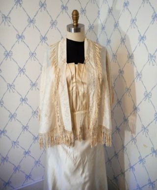 Antique Victorian Hand - embroidered ivory silk shawl wrap drape fringe cording 5