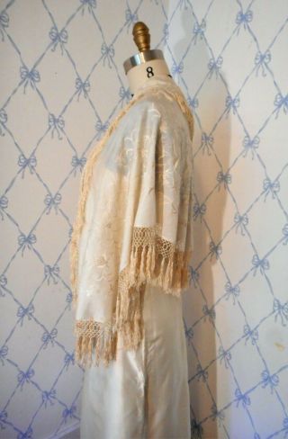 Antique Victorian Hand - embroidered ivory silk shawl wrap drape fringe cording 6