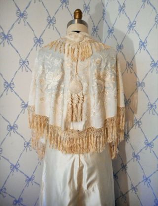 Antique Victorian Hand - embroidered ivory silk shawl wrap drape fringe cording 7