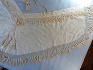Antique Victorian Hand - embroidered ivory silk shawl wrap drape fringe cording 9