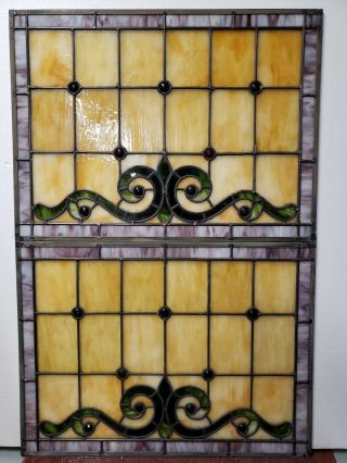 ANTIQUE AMERICAN STAINED GLASS WINDOW PAIR 10