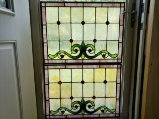 ANTIQUE AMERICAN STAINED GLASS WINDOW PAIR 9