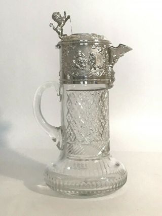 Topazio Claret Jug Cut Crystal With Silver Plate Mount Lion Shield