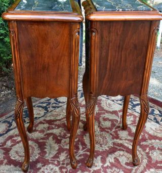 1910s French Antique carved walnut & black marble top small nightstands 10