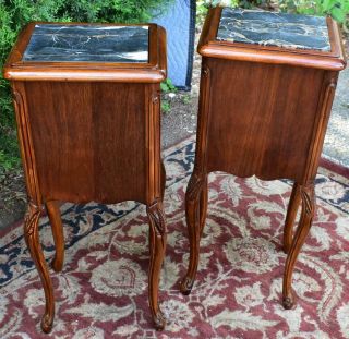 1910s French Antique carved walnut & black marble top small nightstands 11