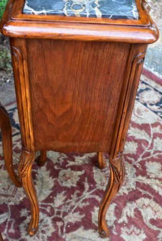1910s French Antique carved walnut & black marble top small nightstands 12