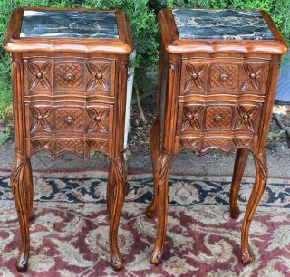 1910s French Antique Carved Walnut & Black Marble Top Small Nightstands