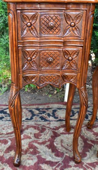 1910s French Antique carved walnut & black marble top small nightstands 4