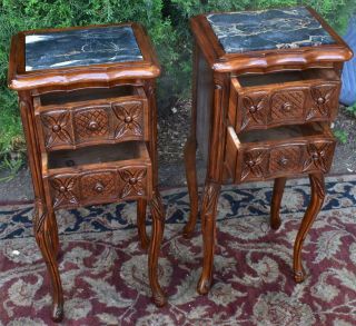 1910s French Antique carved walnut & black marble top small nightstands 6