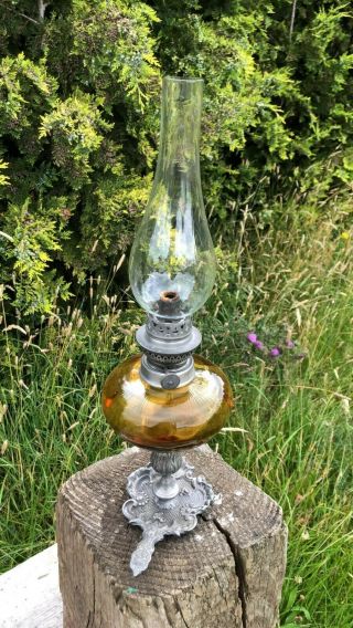 Vintage Etain Hand Held Metal & Glass Oil Lamp With Amber Reservoir
