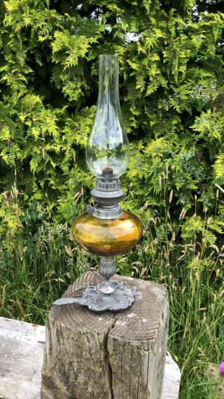 Vintage Etain Hand Held Metal & Glass Oil Lamp with Amber Reservoir 3