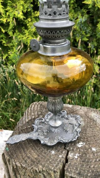 Vintage Etain Hand Held Metal & Glass Oil Lamp with Amber Reservoir 4