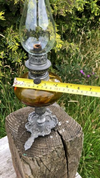 Vintage Etain Hand Held Metal & Glass Oil Lamp with Amber Reservoir 6