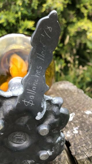 Vintage Etain Hand Held Metal & Glass Oil Lamp with Amber Reservoir 7