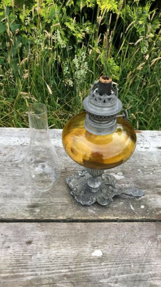 Vintage Etain Hand Held Metal & Glass Oil Lamp with Amber Reservoir 9