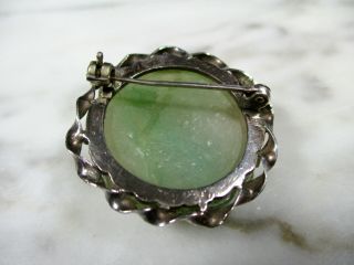 ANTIQUE CHINESE CARVED GREEN JADEITE JADE DOUBLE FLOWER BROOCH STERLING SILVER 10