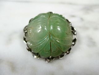 Antique Chinese Carved Green Jadeite Jade Double Flower Brooch Sterling Silver