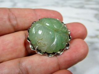 ANTIQUE CHINESE CARVED GREEN JADEITE JADE DOUBLE FLOWER BROOCH STERLING SILVER 3