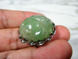 ANTIQUE CHINESE CARVED GREEN JADEITE JADE DOUBLE FLOWER BROOCH STERLING SILVER 4