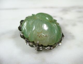 ANTIQUE CHINESE CARVED GREEN JADEITE JADE DOUBLE FLOWER BROOCH STERLING SILVER 6