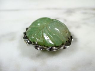 ANTIQUE CHINESE CARVED GREEN JADEITE JADE DOUBLE FLOWER BROOCH STERLING SILVER 7