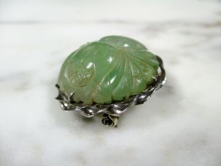 ANTIQUE CHINESE CARVED GREEN JADEITE JADE DOUBLE FLOWER BROOCH STERLING SILVER 8