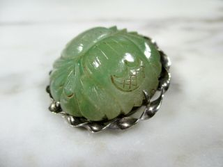 ANTIQUE CHINESE CARVED GREEN JADEITE JADE DOUBLE FLOWER BROOCH STERLING SILVER 9