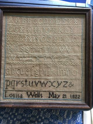 Antique Primitive Sampler Framed Needlepoint Cross Stitch Louise Wells 1822