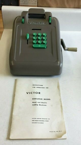 Vintage Victor Hand Adding Machine Made Of Gray Metal W/Green Keys 774 w/cover 2