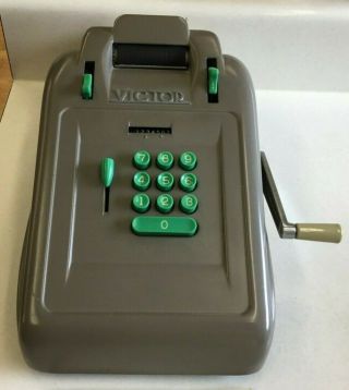 Vintage Victor Hand Adding Machine Made Of Gray Metal W/Green Keys 774 w/cover 3