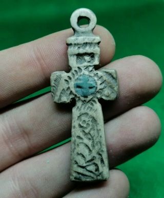 Roman Medieval Byzantine Bone Cross Pendant With Stone Insert - 1000 Ad