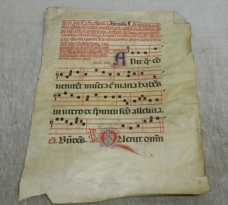 Medieval Illuminated Antiphonal Manuscript Sheet Music Leaf Page,  C.  1450 Italy