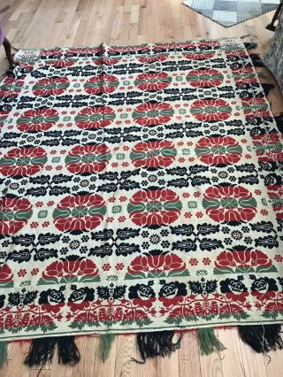 Antique Rare Emanuel Grube Warwick 1845 Handmade Wool/cotton Coverlet 100”x90”