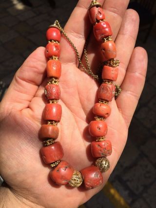 69.  4g Antique Huge Tibetan Chinese 100 Natural Momo Red Coral Necklace Beads