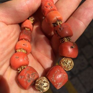 69.  4g Antique HUGE Tibetan Chinese 100 Natural MOMO Red Coral Necklace Beads 9