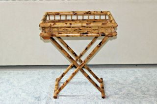 Vintage Mcm Retro Real Bamboo Side Folding Tray Table Boho Beach Chic