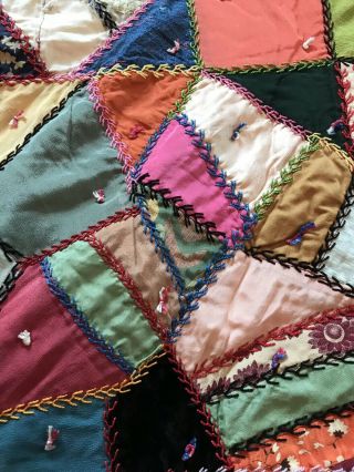 Victorian Crazy Quilt Fabulous Embroidery Silk Velvet Dupioni Silk Back Feather 4