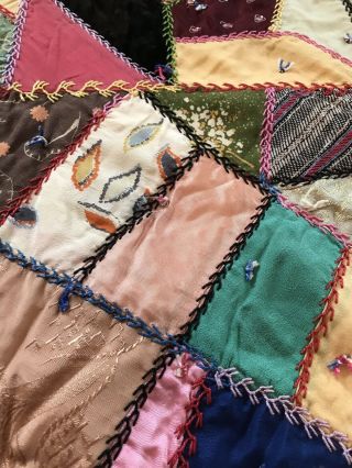 Victorian Crazy Quilt Fabulous Embroidery Silk Velvet Dupioni Silk Back Feather 6