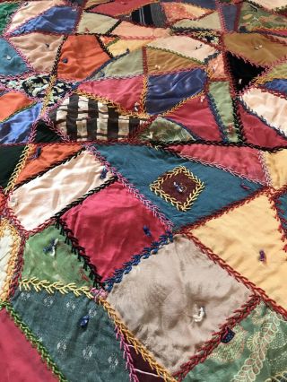 Victorian Crazy Quilt Fabulous Embroidery Silk Velvet Dupioni Silk Back Feather 8